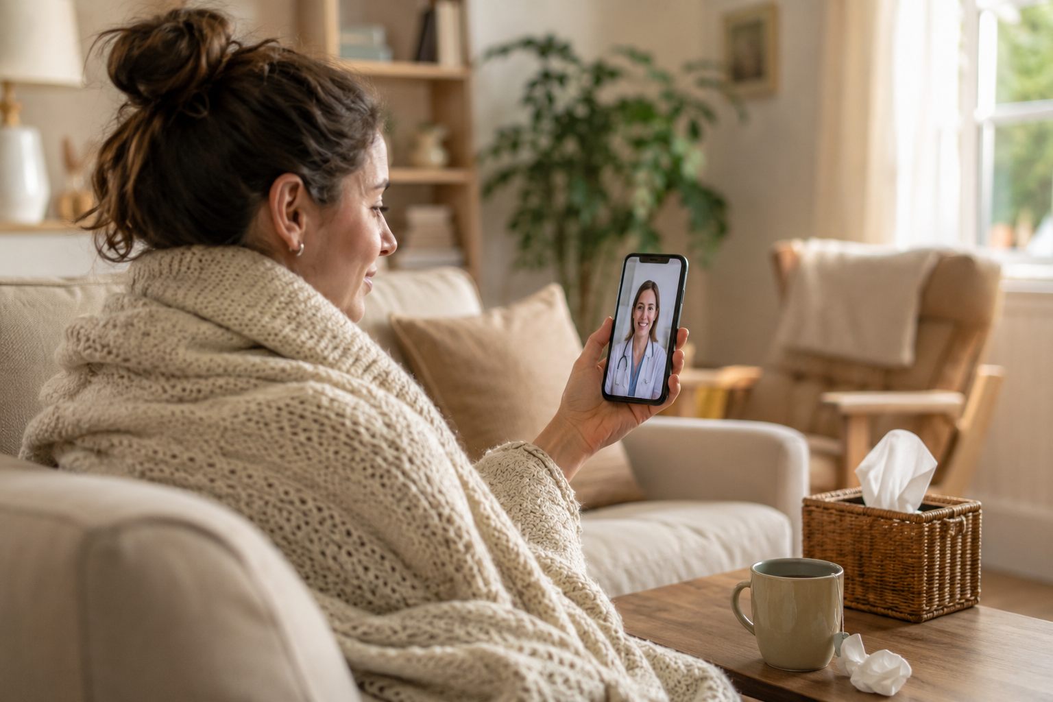 Patientin mit Erkältung führt von der Couch aus eine Videosprechstunde per Smartphone